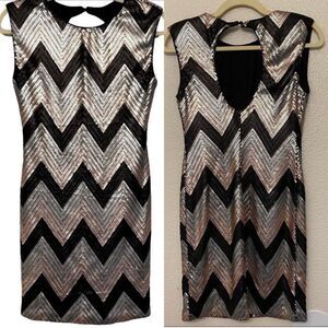 As U Wish Gold Black Chevron Sequin mini Dress sleeveless juniors glam NYE M
